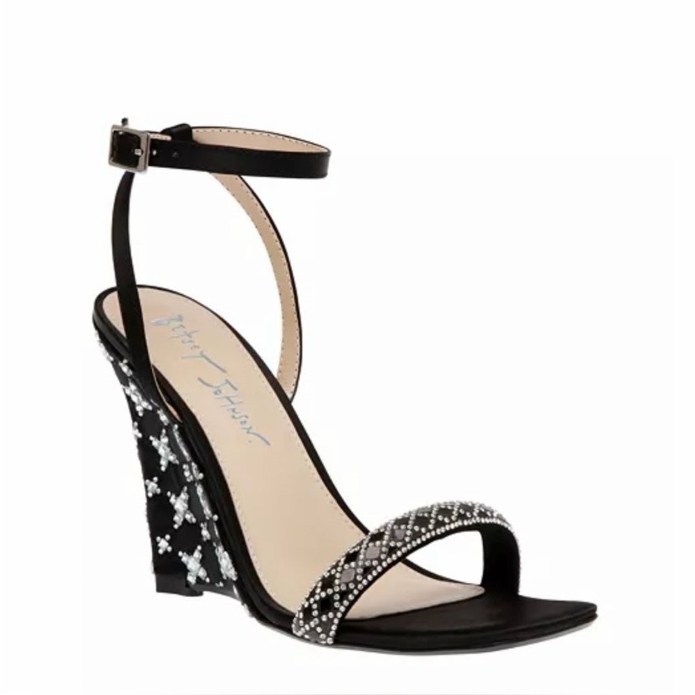 Betsey Johnson Talya Elegant Black Rhinestone Wedge Sandals Sparkly Ankle Strap - Picture 4 of 17